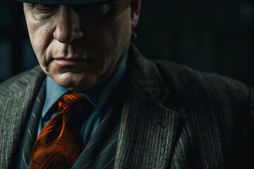 Fototapeta premium Portrait of man in a raincoat with a hat detective story generative AI