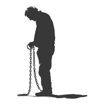 Silhouette of Man in Chains, Head Down, Burden of Weight.
