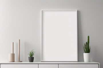 Dise&ntilde;o interior escandinavo de sala de estar con consola de madera, anillos en la pared, marco de p&oacute;ster simulado, flores en jarr&oacute;n y elegantes accesorios personales	