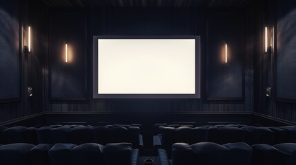 Obraz premium A sleek home theater with plush seating and surround sound, showcasing an empty mockup frame on a dark accent wall.