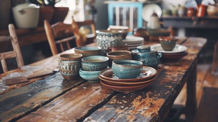 Rustic wooden dining table with a variety of ceramic dishes, bowls, and cups in a cozy, eclectic kitchen setting.