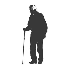silhouette elderly man with walking stick full body black color only