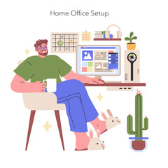 Home Office Setup illustration A tranquil work environment at home featuring a well-organized desk, personal touches, and a hint of greenery Vector illustration