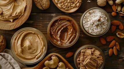 Top view assorted nut butters jars various nuts rustic wooden table, showcasing creamy textures natural ingredients.