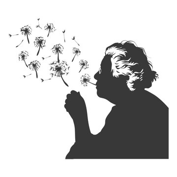 Silhouette of a Senior Woman Blowing Dandelion Seeds, Wishful Thinking, Vector Graphic.