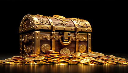 Chest with gold coins. Ancient chest with gold on dark. Selective focus. AI generated