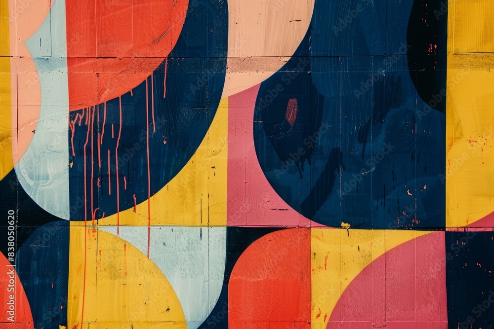 Poster vibrant geometric abstract mural featuring colorful shapes with bold patterns and dripping paint on 