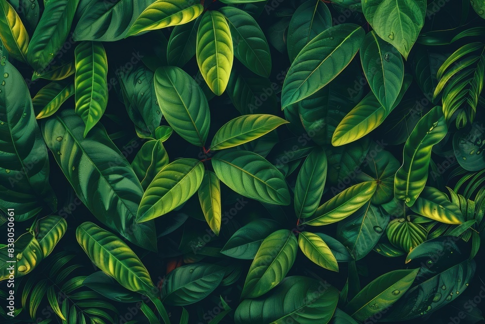 Poster close-up shot of vibrant green tropical leaves with natural patterns, filling the frame with lush te