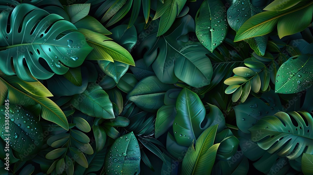 Poster vibrant green tropical leaves with dewdrops, creating a lush, natural, and refreshing background for