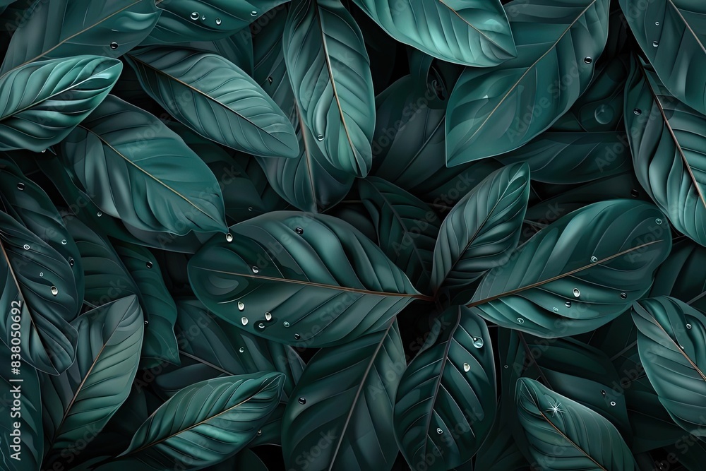 Aufkleber a close-up of dark green tropical leaves with dew drops, creating a serene and calming natural backg