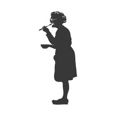 silhouette elderly woman brushing his teeth in front of mirror black color only