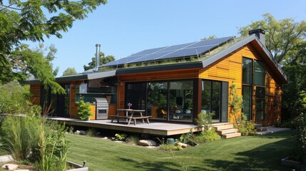 A sustainable home with solar panels, a green roof, and energy-efficient appliances. 