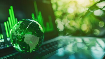A green globe with a stock chart on the laptop screen. Green business concept. Digital sustainability. Future green energy innovation business trend. Generative Ai