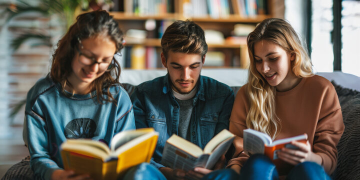 Group of friends reading books together
