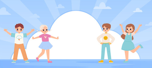 Naklejka premium Funny happy children, banner with white cloud empty space. Cute cartoon kids, positive emotions, boys and girls have fun vector background