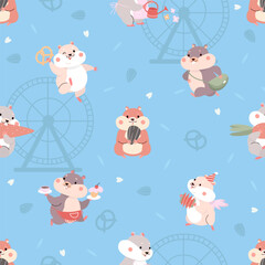 Hamsters seamless pattern. Cartoon funny hamster, domestic fluffy pets. Animalistic fabric wrapping print design, nowaday vector cute background