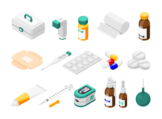 Isometric medical equipment and first aid kit. Pills, bandage, cream tube and bottles. Pharmacy and hospital elements, flawless vector clipart