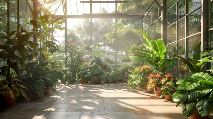 A sunlit conservatory with floor-to-ceiling glass walls showcasing a variety of exotic plants.