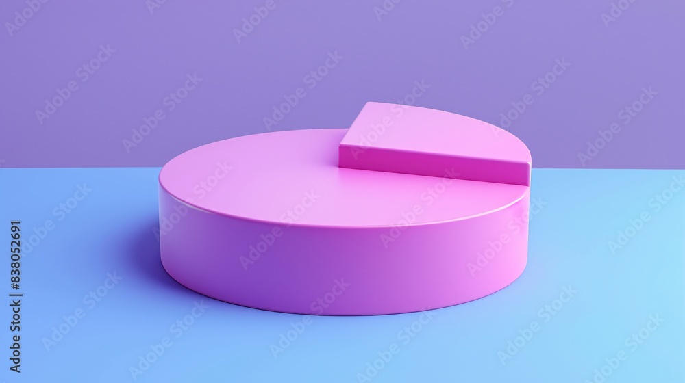 Poster vibrant pink 3d pie chart with a missing slice on a blue and purple background, representing data an