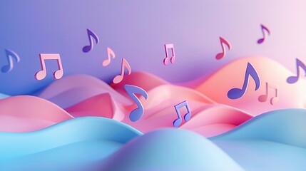 Vibrant music notes on colorful, abstract waves. Perfect artistic representation of melodies and rhythm with a creative, playful theme. 3D Illustration.
