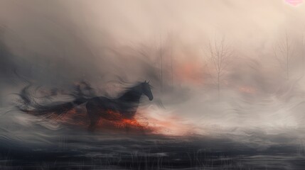 Fototapeta premium Mysterious Horse Running in Misty Landscape