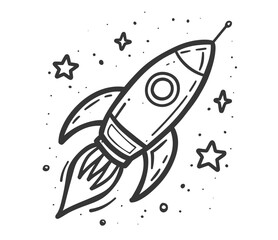 Black and white illustration of a rocket flying through space with stars in the background. Flat vector illustration.