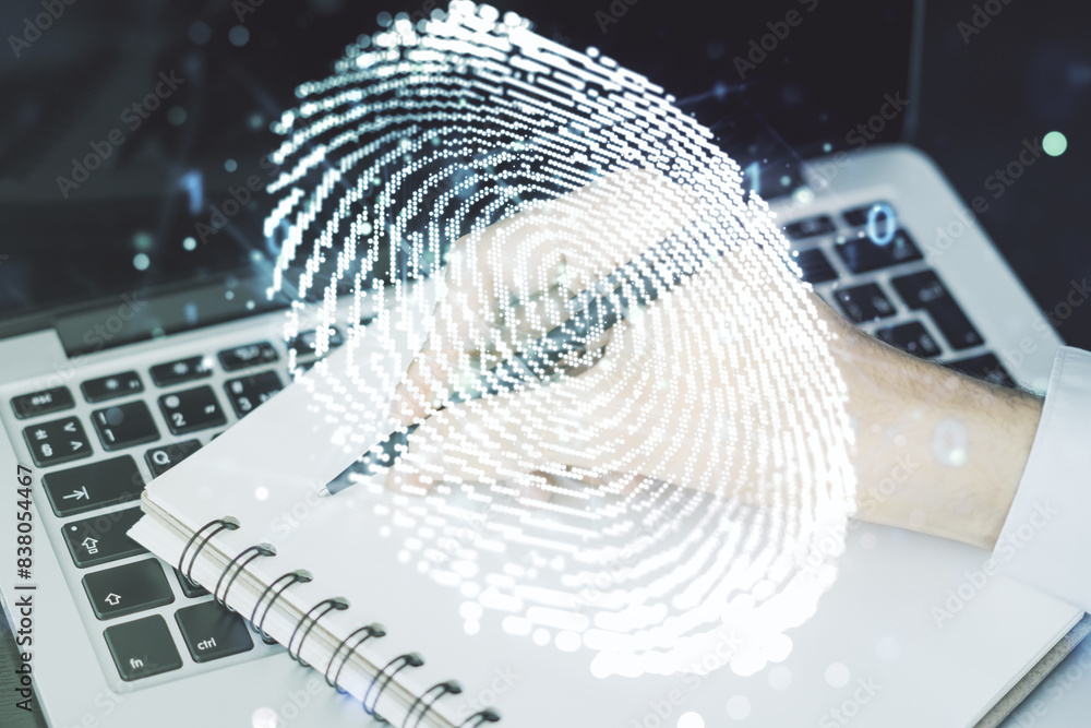 Poster Abstract creative fingerprint concept with hand writing in notebook on background with laptop. Multiexposure