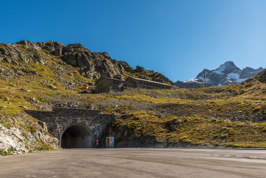 Road tunnel at the summit of Susten Pass, a mountain pass in the Swiss Alps that connects the cantons of Bern and Uri, Innertkirchen, Canton of Bern, Switzerland
