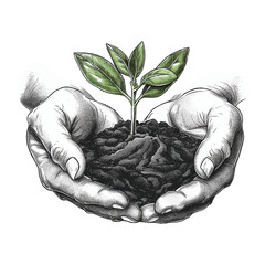 Male hands caring for green seedlings, hands holding little green leaves, vector drawing in sketch style