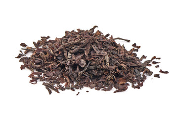 Dry black tea leaves, isolated on white background