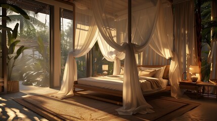 A tranquil bedroom with a canopy bed draped in flowing sheer curtains.