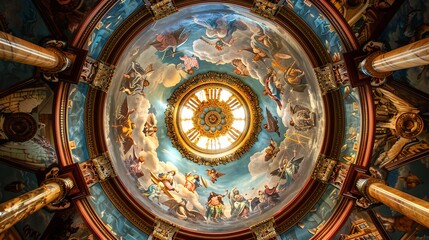 The magnificent ceiling and dome of the orthodox cathedral. Action. Bottom view of the church interior, concept of religion and architecture.