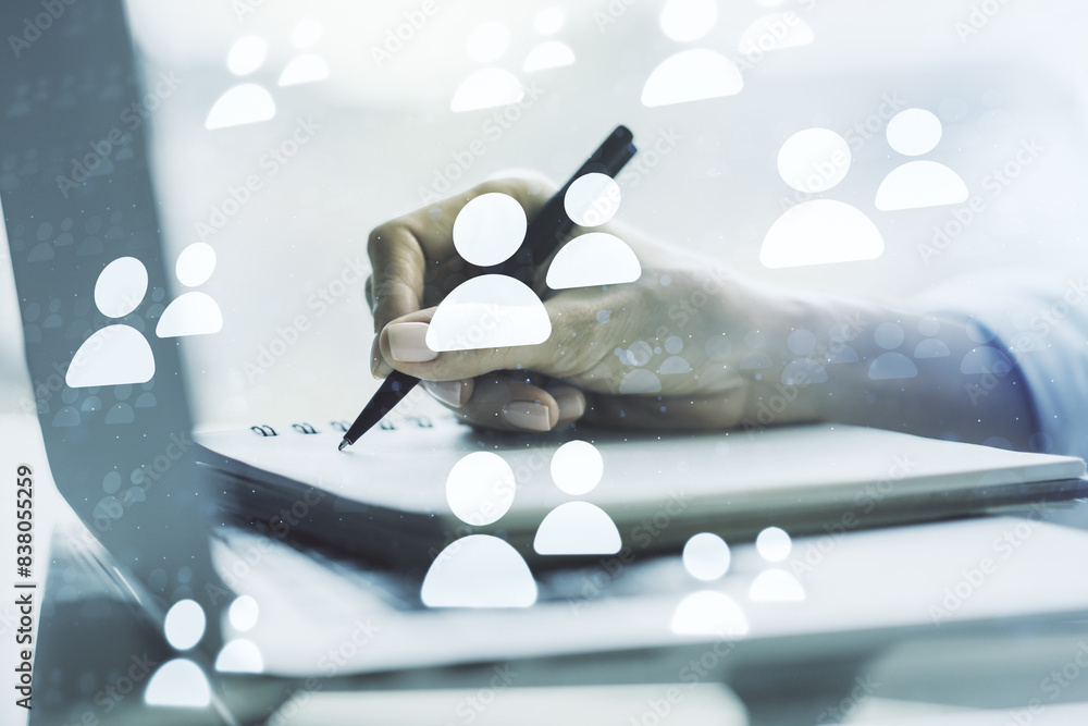 Aufkleber social network concept with hand writing in notebook on background with laptop. multiexposure