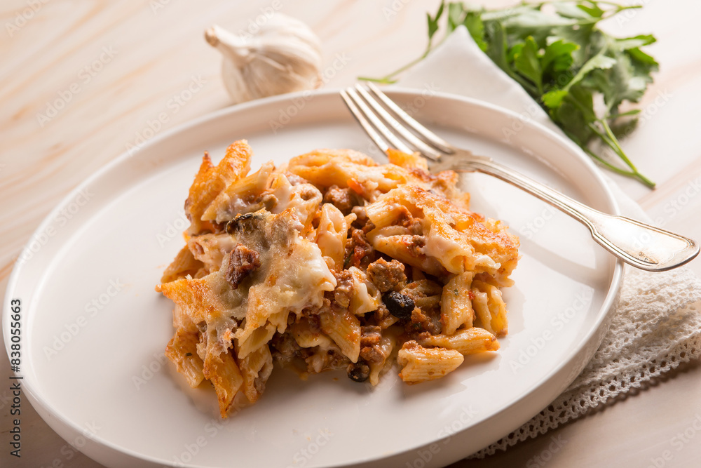 Poster oven pasta with ragout sausage and mushroom