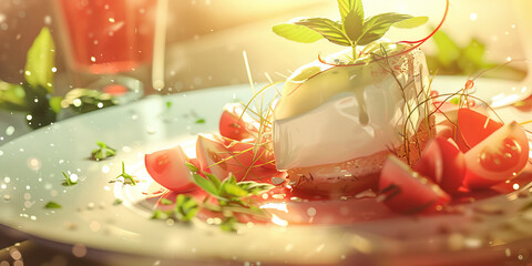 A cook delicately arranges ingredients on a plate, preparing a delectable meal that will delight the senses