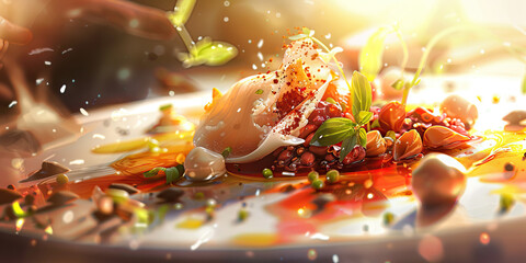 A cook delicately arranges ingredients on a plate, preparing a delectable meal that will delight the senses