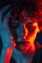Fototapeta premium A person who sits with a confused or annoyed expression. It symbolizes mental exhaustion and struggling to concentrate.
