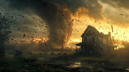 A dramatic tornado rips through a rural landscape at sunset.