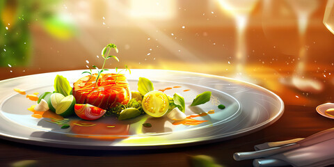 A cook delicately arranges ingredients on a plate, preparing a delectable meal that will delight the senses