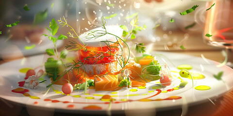 A cook delicately arranges ingredients on a plate, preparing a delectable meal that will delight the senses