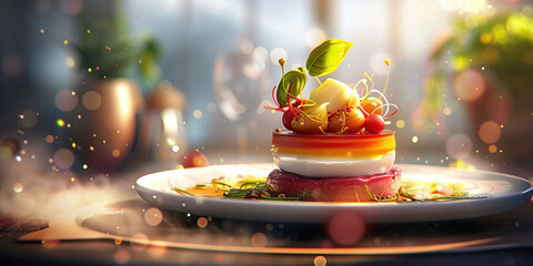 A cook delicately arranges ingredients on a plate, preparing a delectable meal that will delight the senses