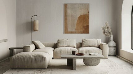 A tranquil living space with a minimalist sectional sofa and a statement coffee table, accented by bold, abstract artwork.