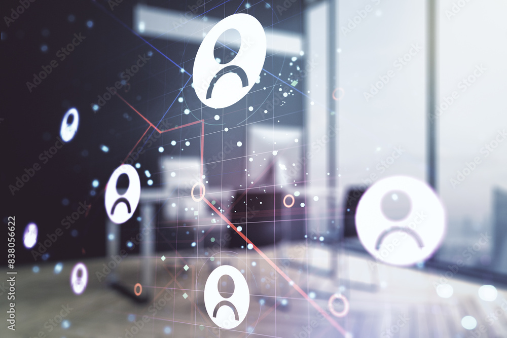 Poster double exposure of social network icons concept and modern desktop with laptop on background. market