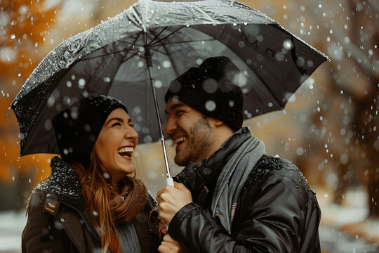 A candid photo of a couple enjoying a walk in the rain, sharing an umbrella and laughing, capturing a moment of romance and spontaneity