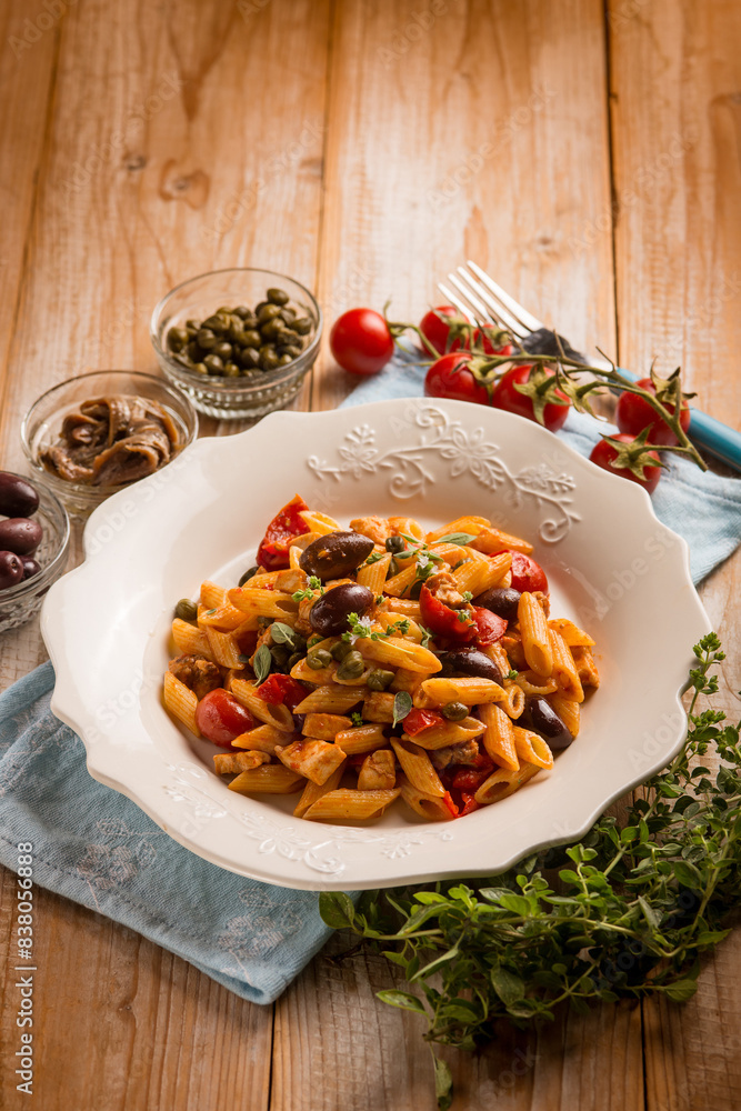 Poster pasta with sword fish tomato black olives and capers