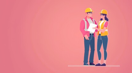 Architect coordinating with a construction manager, whole body, solid color background, flat style