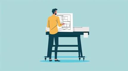 Architect drawing on a large format printer, whole body, solid color background, flat style