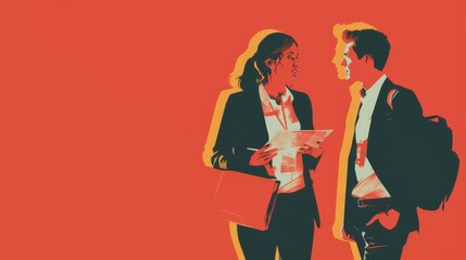 Obraz premium Architect explaining design details to a client, whole body, solid color background, flat style