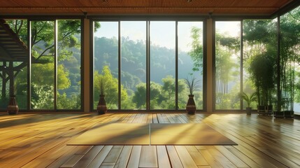 A tranquil yoga studio with bamboo flooring and panoramic views of nature.