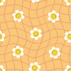 Y2k cute checkered seamless pattern with groovy daisy flowers. Spring and summer background. Background in trendy retro trippy 2000s style. Funny texture for surface design. Vector illustration